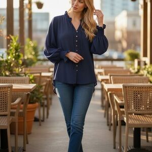 DKNY Deep Blue Button-Up Blouse